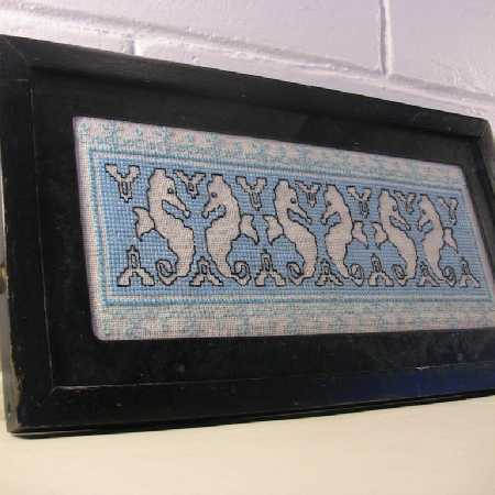 Vintage Framed Needlework Sea Horses Serving Tray Plaque Asian Flair