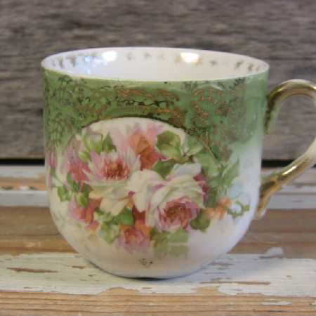 Antique Mustache Cup Hand Painted Roses Embossed Porcelain Green White Gilt