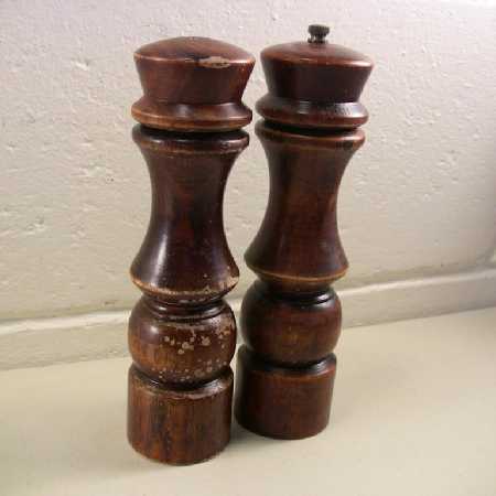 Vintage Mid Century Turned Hard Wood Salt Shaker Pepper Mill Grinder