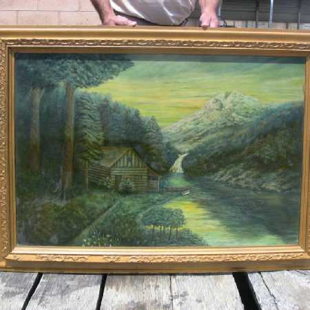Antique Oil Painting Scenic Landscape Mountain Log Cabin Hudson River School 48-In