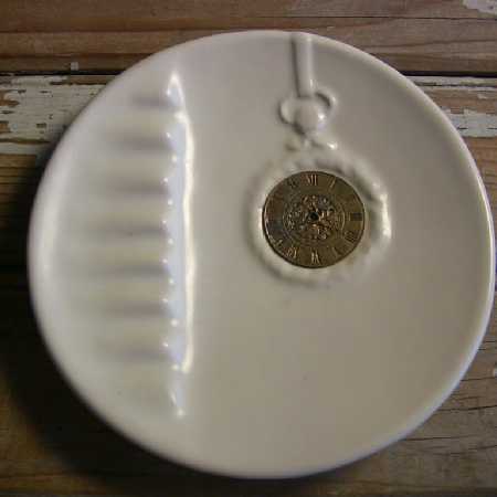 Vintage MCM Art Pottery Ceramic Ashtray Commemorative Gold Watch Wall Plaque 60s