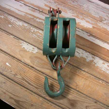 Vintage Industrial Pulley Wood Block Double Wheel Iron Hook 14-In Anvil Logo #1of6A