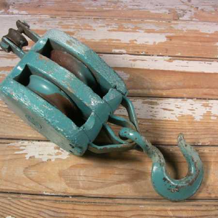 Vintage Industrial Pulley Wood Block Double Wheel Iron Hook 14-In U-W Logo #3of6 C