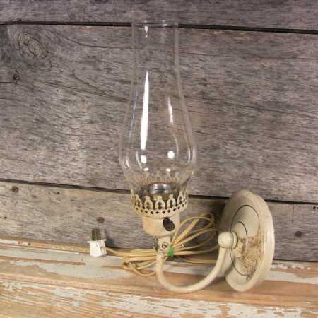 Vintage Wall Sconce White Metal Clear Hurricane Shade Electric Lamp 40s Cottage
