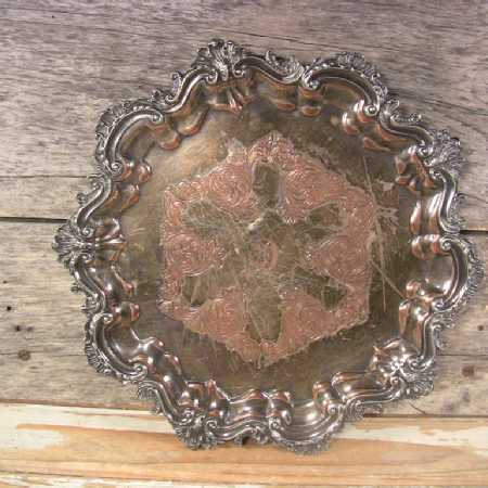 Vintage Silverplate On Copper Footed Tray - D Monogram Stamped Hallmarks 13-In Dia
